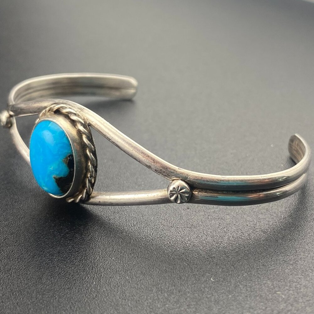 Native American Sterling Silver Turquoise Child's Cuff Bracelet - 5.5" / 2.37"